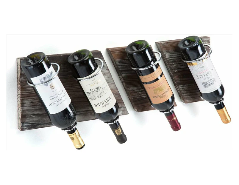 Rustic Wood Metal Wine Rack Set For 4 Bottle Storage Holder