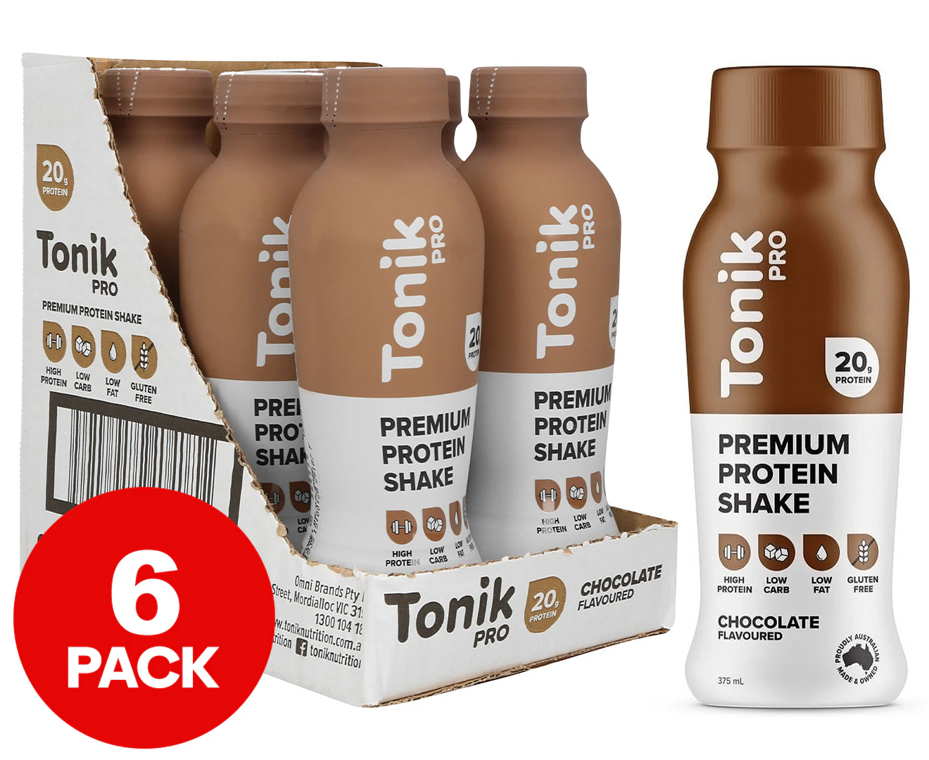 6 x Tonik Pro Premium Protein Shake Chocolate 375mL