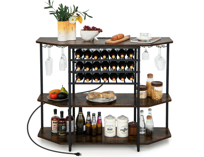 Giantex 3-Tier Wine Rack Table Cellar Display Sideboard Buffet w/Power Outlets & Glass Holder, Rustic Brown