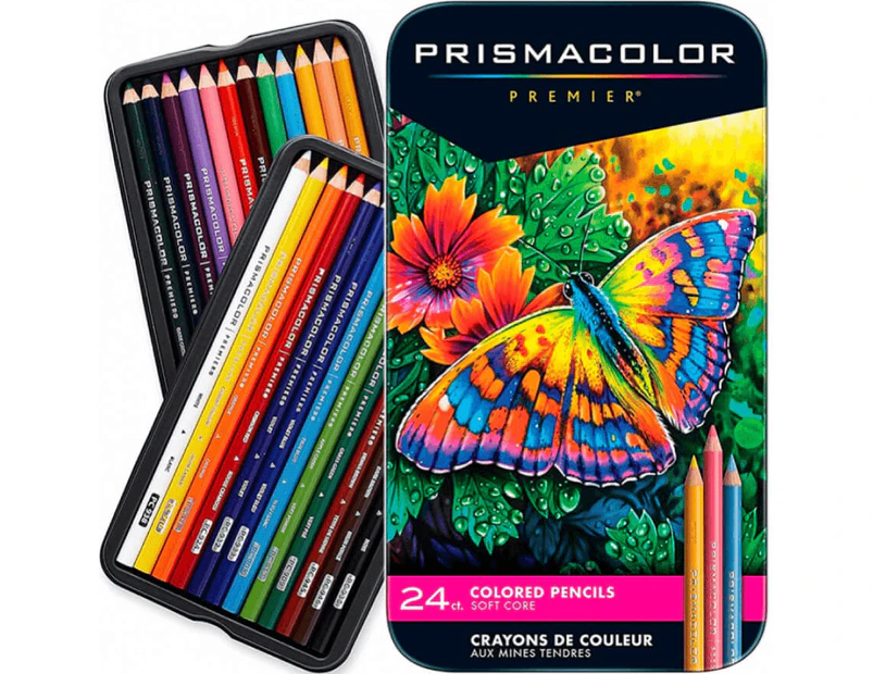 24 Prismacolor Premier Colour Pencils Tin Soft Core Coloured Set
