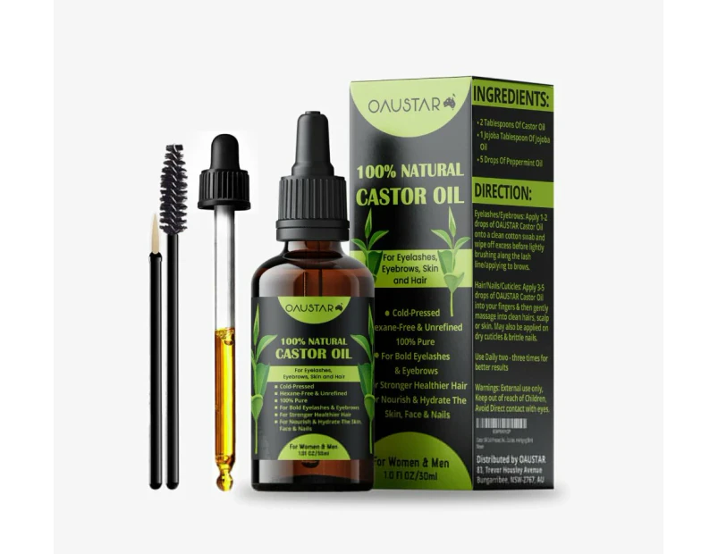 OAUSTAR Castor Oil-100% Natural - Cold-Pressed for Eyebrows, Eyelashes, Skin, Nail and Hair (30ml)