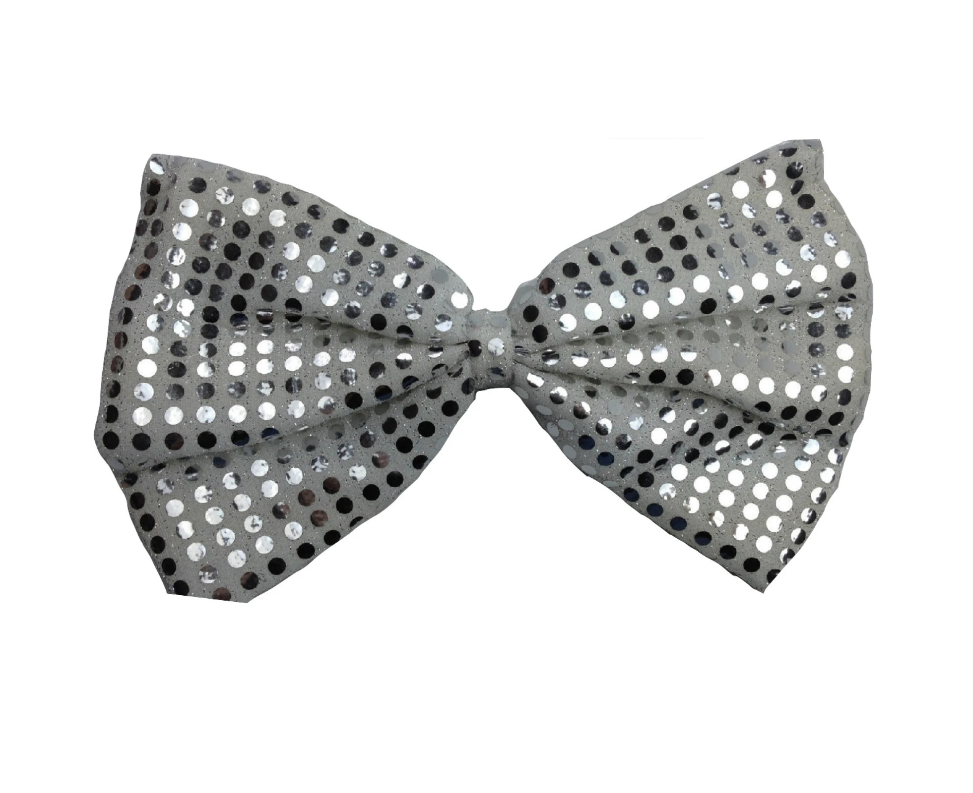 LARGE BOW TIE Sequin Polka Dots Bowtie Big King Size Party Unisex Costume - White/Silver