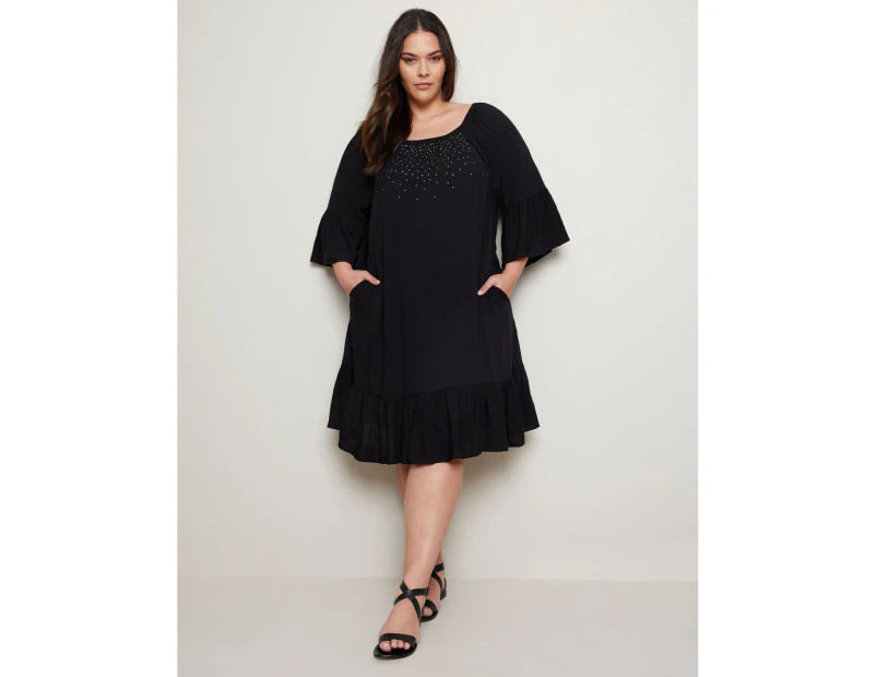 AUTOGRAPH - Plus Size - Womens Dress -  3/4 Frill Sleeve Summer Kaftan Dress - Black