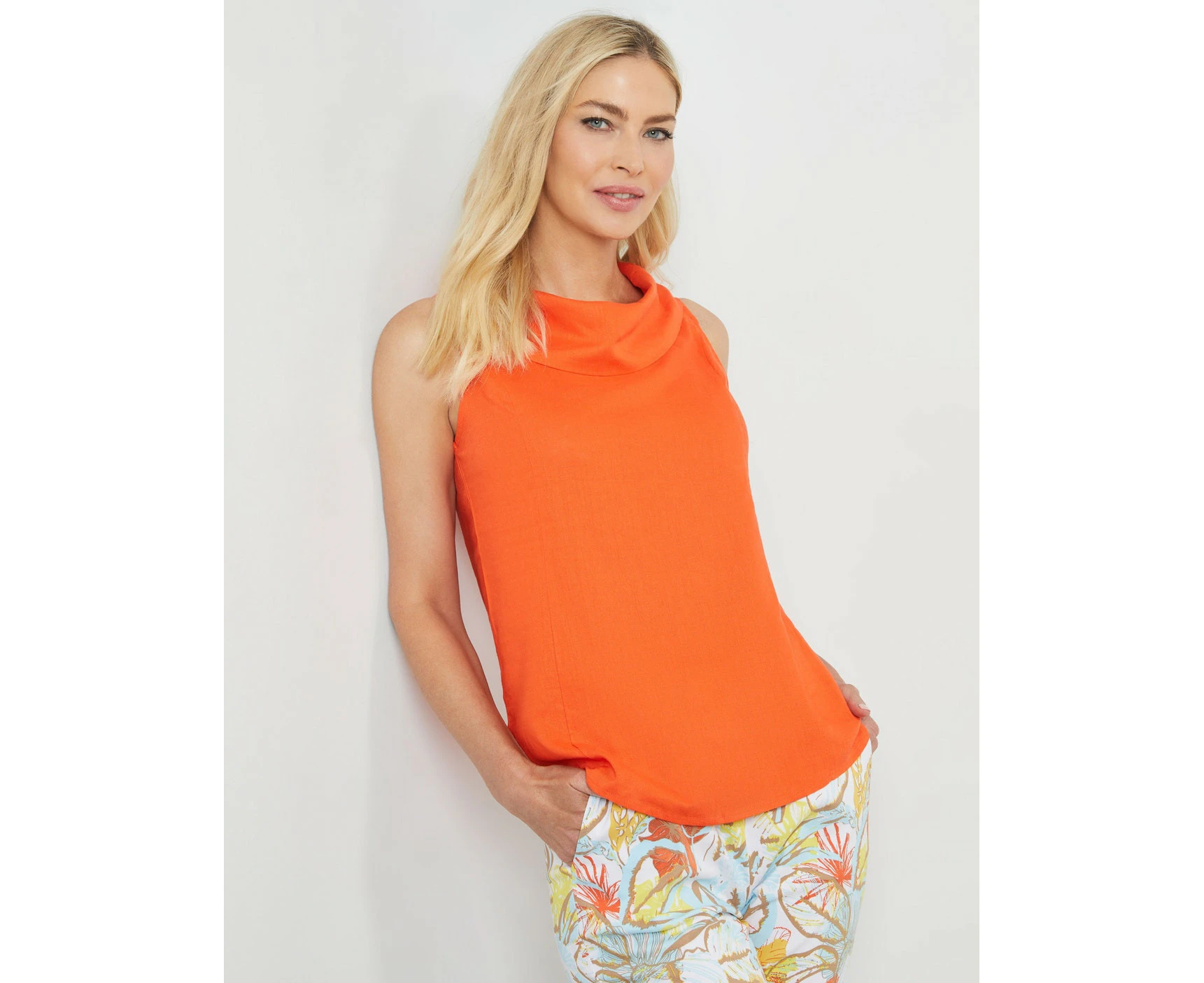 Noni B - Womens Summer Tops - Orange Basic - Linen - Vivid Smart Casual Fashion - Sleeveless - Roll Neck - Office Wear - Work Clothes - Everyday Style