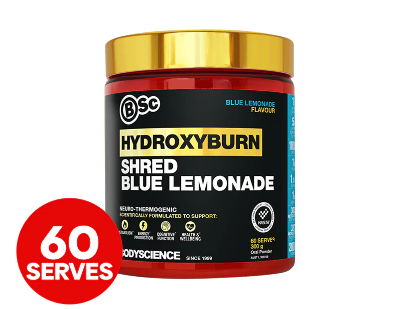 BSc HydroxyBurn Shred Thermogenic Pre-Workout Powder Blue Lemonade 300g 60 Serves