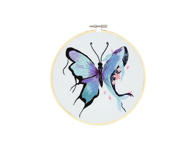 Whale Butterfly Stamped Embroidery Set, Cross Stitch Kits Include 4 Wooden Embroidery Hoops Color Threads Needlepoint Kit for Adults-Blue