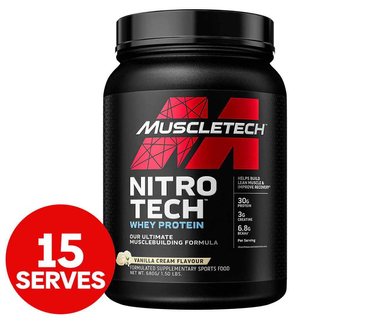 MuscleTech Nitro Tech Whey Protein Powder Vanilla Cream 680g / 15 Serves