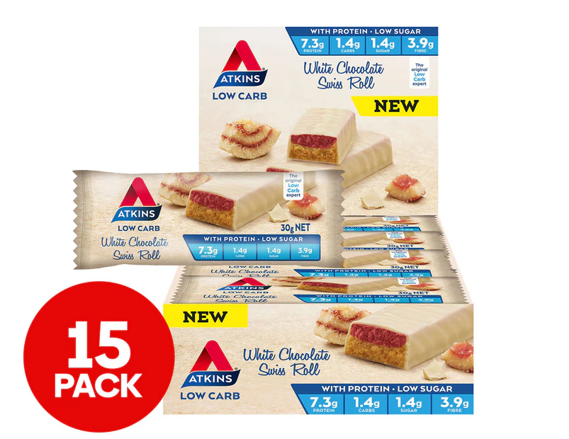 15 x Atkins Low Carb Bars White Chocolate Swiss Roll 30g