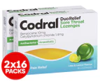 2 x Codral DuoRelief Sore Throat Lozenges Antibacterial + Anaesthetic Lime & Lemon 16pk