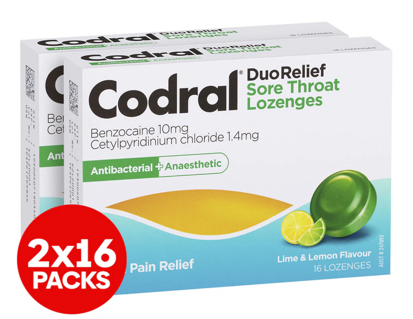 2 x Codral DuoRelief Sore Throat Lozenges Antibacterial + Anaesthetic Lime & Lemon 16pk