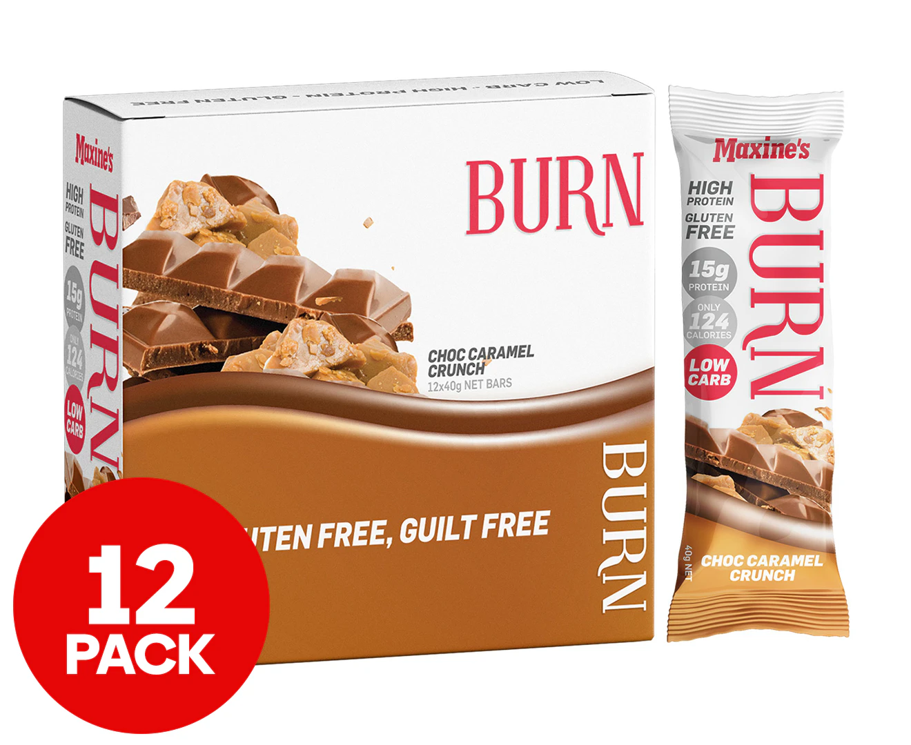 12 x Maxine's Burn Protein Bars Choc Caramel Crunch 40g