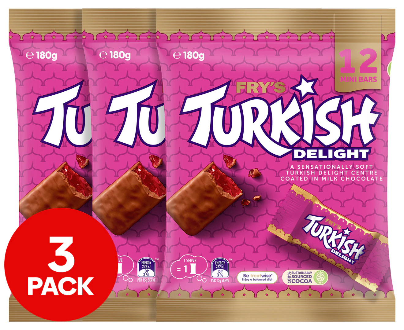 3 x Cadbury Frys Turkish Delight Chocolate Bars Sharepack Bag 12 Pack 180g