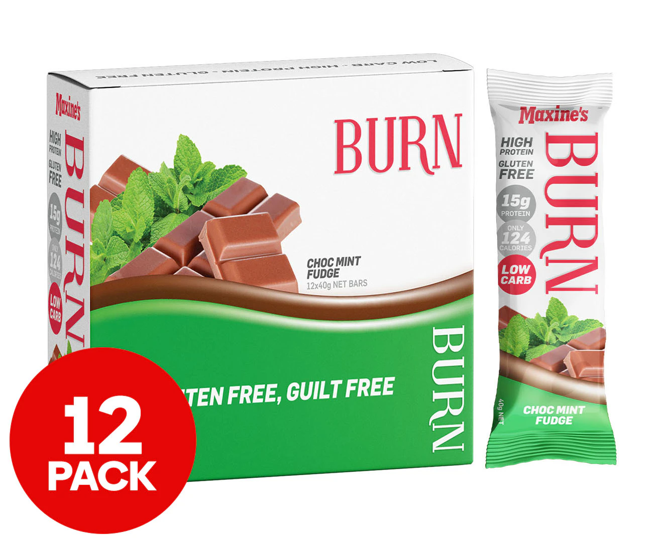 12 x Maxine's Burn Protein Bars Choc Mint Fudge 40g