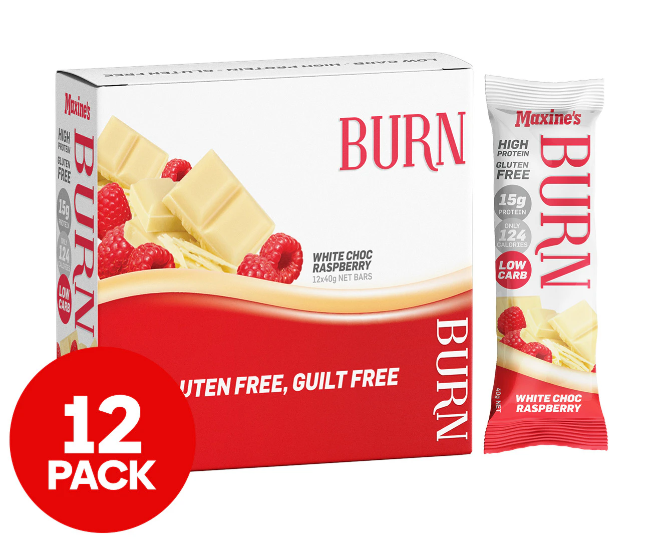 12 x Maxine's Burn Protein Bars White Choc Raspberry 40g