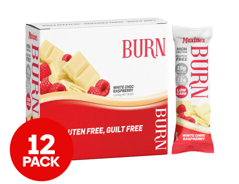 12 x Maxine's Burn Protein Bars White Choc Raspberry 40g