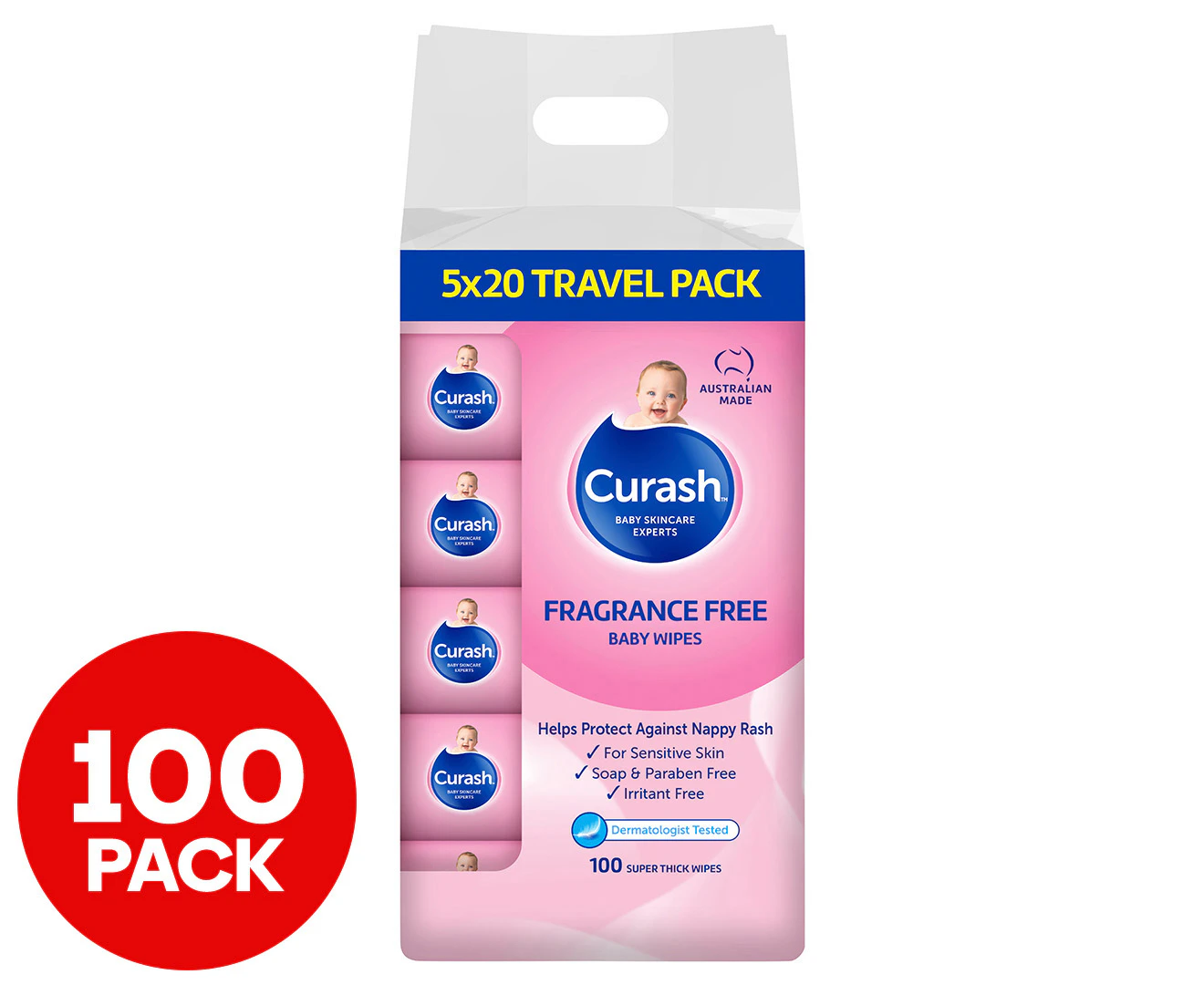 5 x 20pk Curash Fragrance Free Baby Wipes