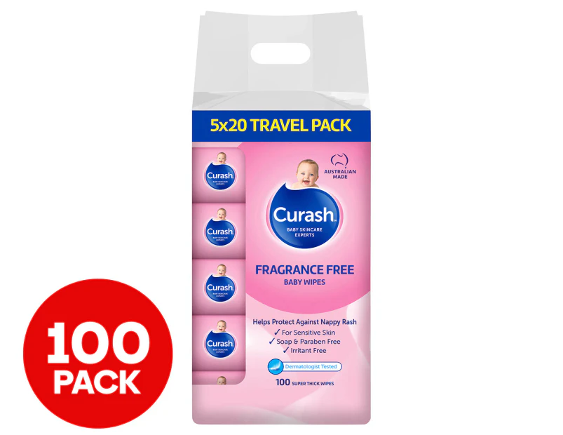 5 x 20pk Curash Fragrance Free Baby Wipes