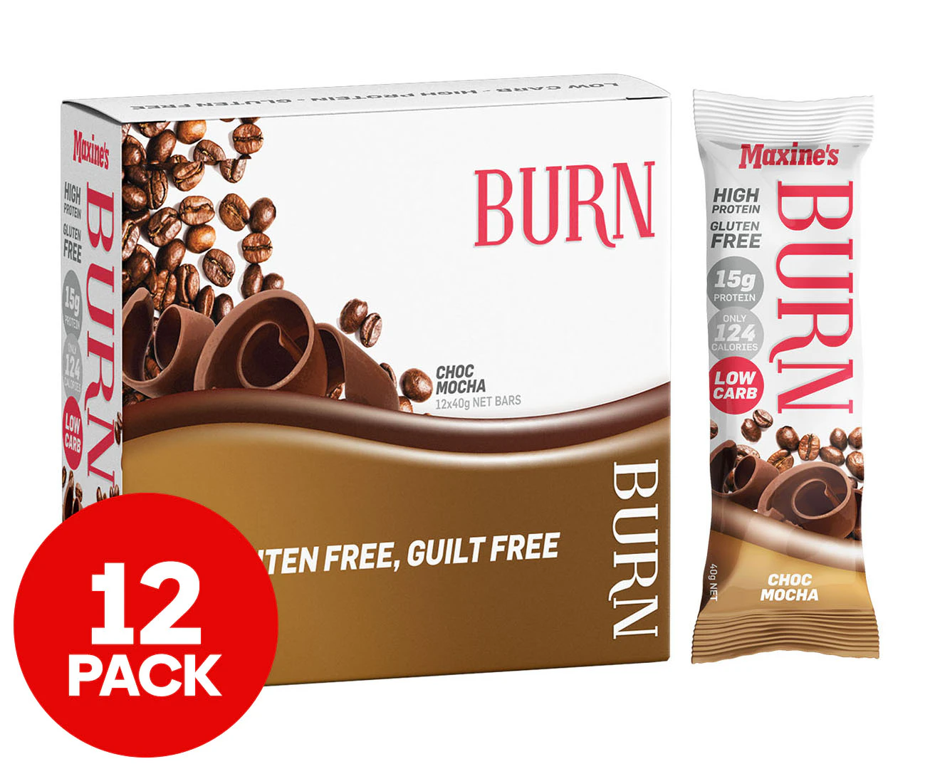 12 x Maxine's Burn Protein Bars Choc Mocha 40g