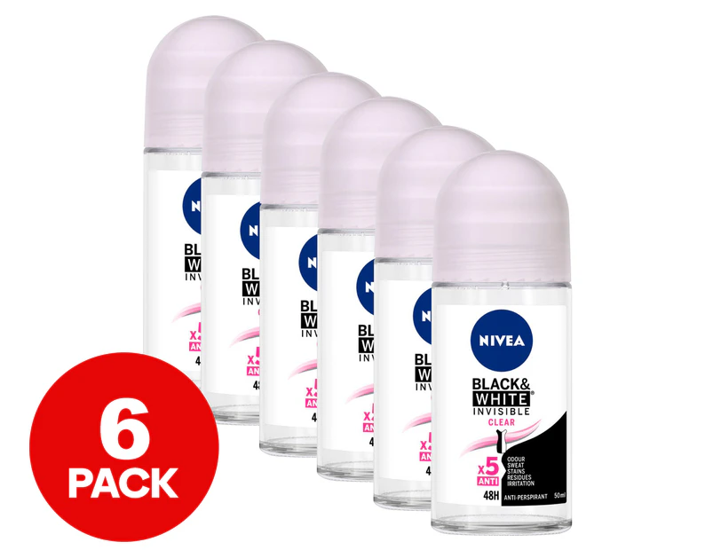 6 x Nivea Invisible Black & White Clear Roll On Anti-Perspirant Deodorant 50mL