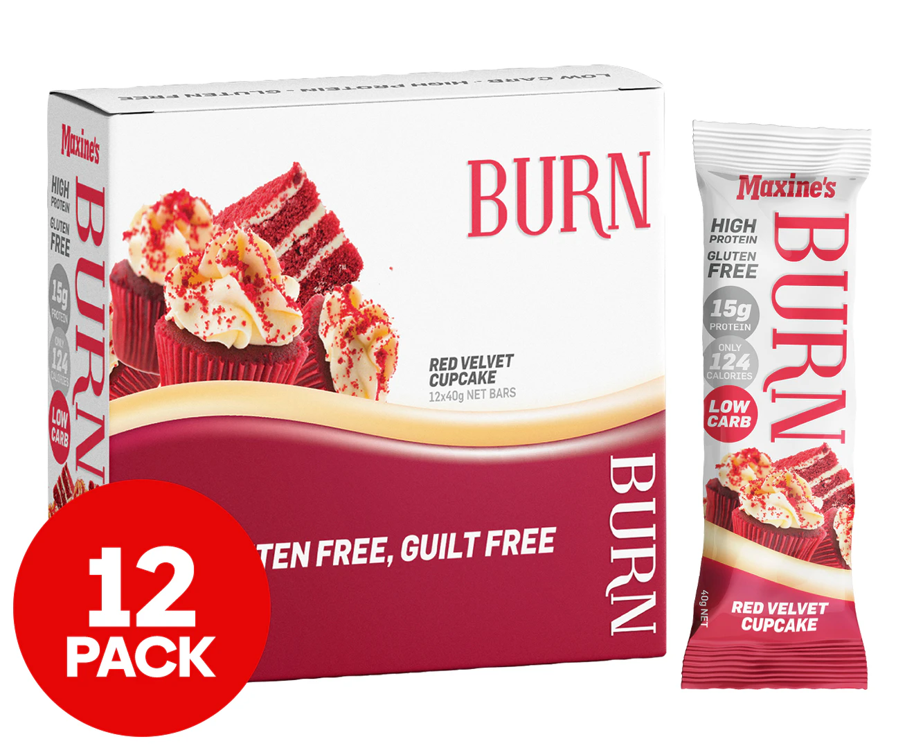 12 x Maxine's Burn Protein Bars Red Velvet Cupcake 40g