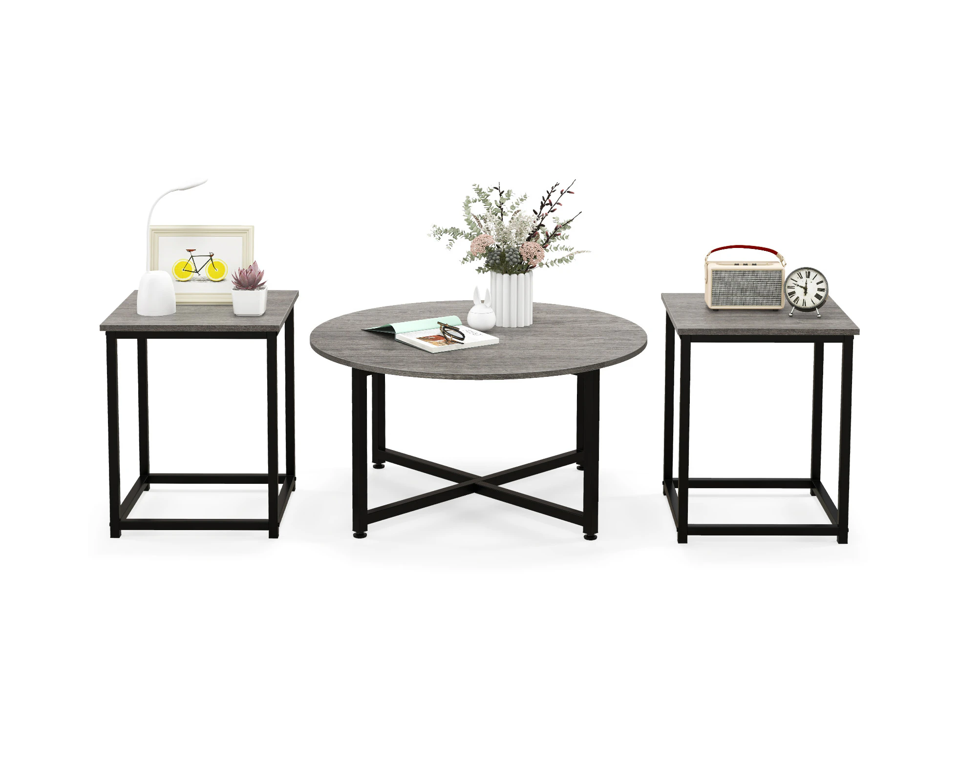 Giantex 3 Piece Coffee Table Set Round Coffee Table and 2 Square Side Tables Living Room Tables w/Metal Frame Grey