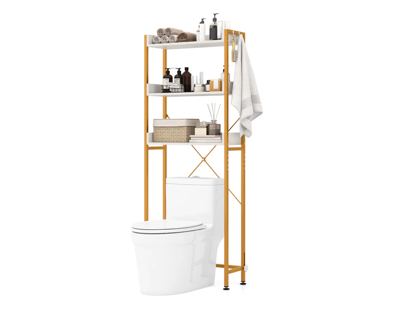 Giantex 3-Tier Over the Toilet Organiser Bathroom Storage Shelf w/4 Hooks & Adjustable Bottom Bar Space Saver White