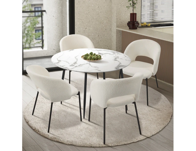 Oikiture 5PCS Dining sets 110cm Round Table with 4PCS Chairs Sherpa White