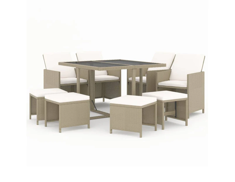 9 Piece Garden Dining Set with Cushions Poly Rattan Beige