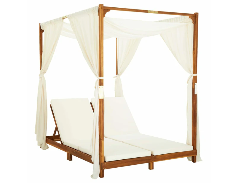 vidaXL Double Sun Lounger with Curtains & Cushions Solid Acacia Wood