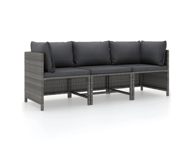 vidaXL 3-Seater Garden Sofa with Cushions Grey Poly Rattan