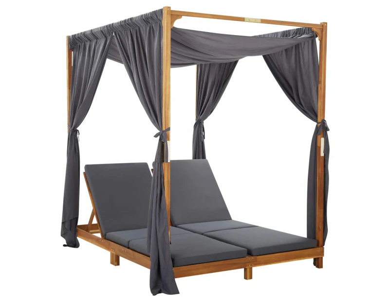 vidaXL Double Sun Lounger with Curtains & Cushions Solid Acacia Wood