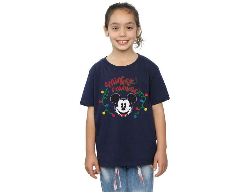 Disney Girls Mickey Mouse Christmas Light Bulbs Cotton T-Shirt (Navy Blue) - BI29882
