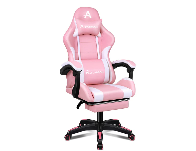 ALFORDSON Gaming Office Chair Extra Large Pillow Racing Footrest [Model: Elite - Pink & White]
