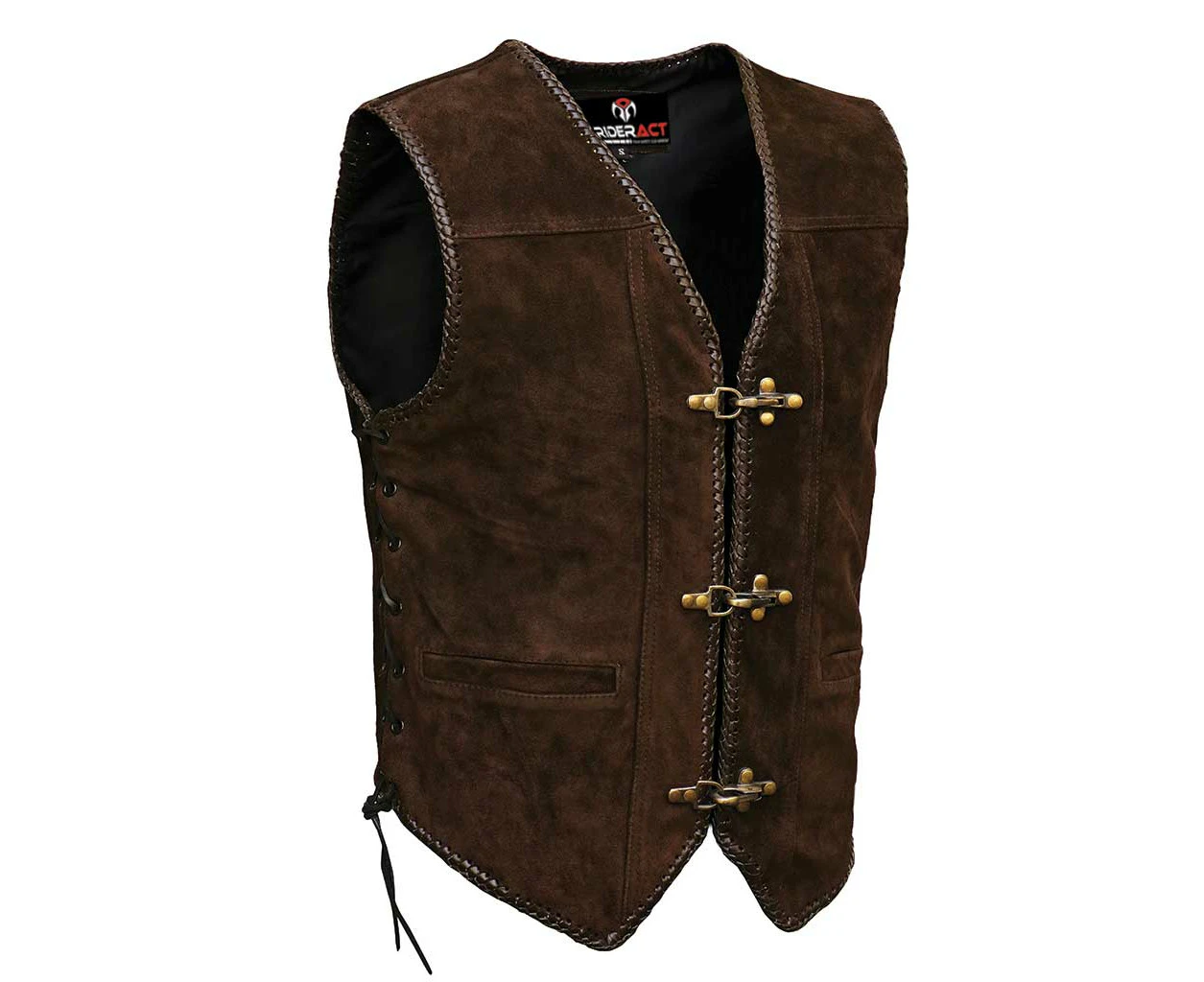 RIDERACT® Motorcycle Suede Leather Vest Chocolate Brown Antique Braided Waistcoat Riders Motorbike Vest Protective Gear