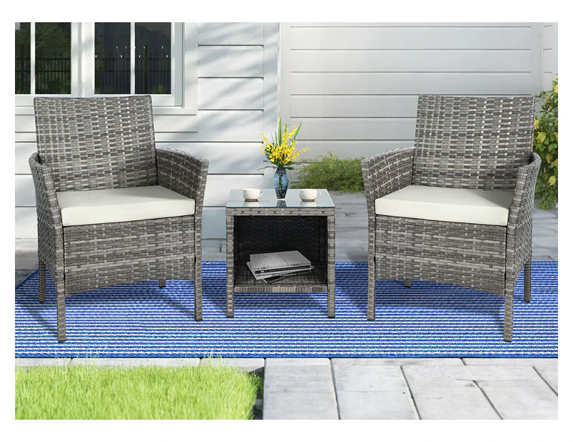 ALFORDSON Outdoor Furniture 3PCS Wicker Bistro Set Patio Chairs Table Grey