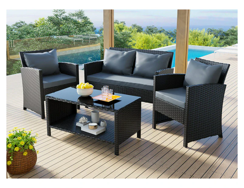 ALFORDSON Outdoor Furniture 4PCS Garden Patio Chairs Table Set Wicker Black