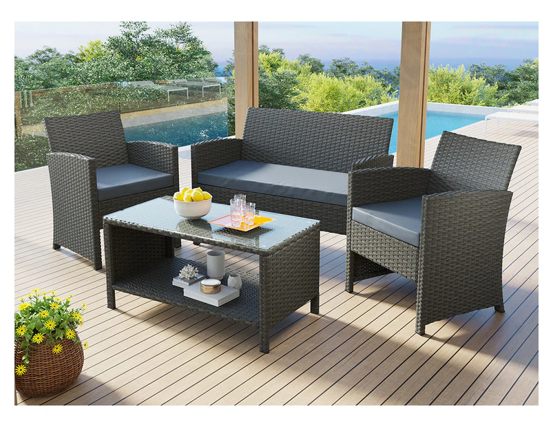 ALFORDSON Outdoor Furniture 4PCS Patio Wicker Set Dark Grey