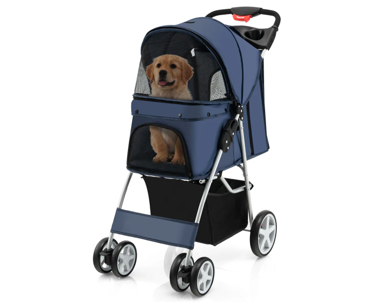 Costway Large Pet Stroller Dog Cat Carrier Cage Foldable Pet Pram Travel Pushchair w/Cup Holder & Storage Basket