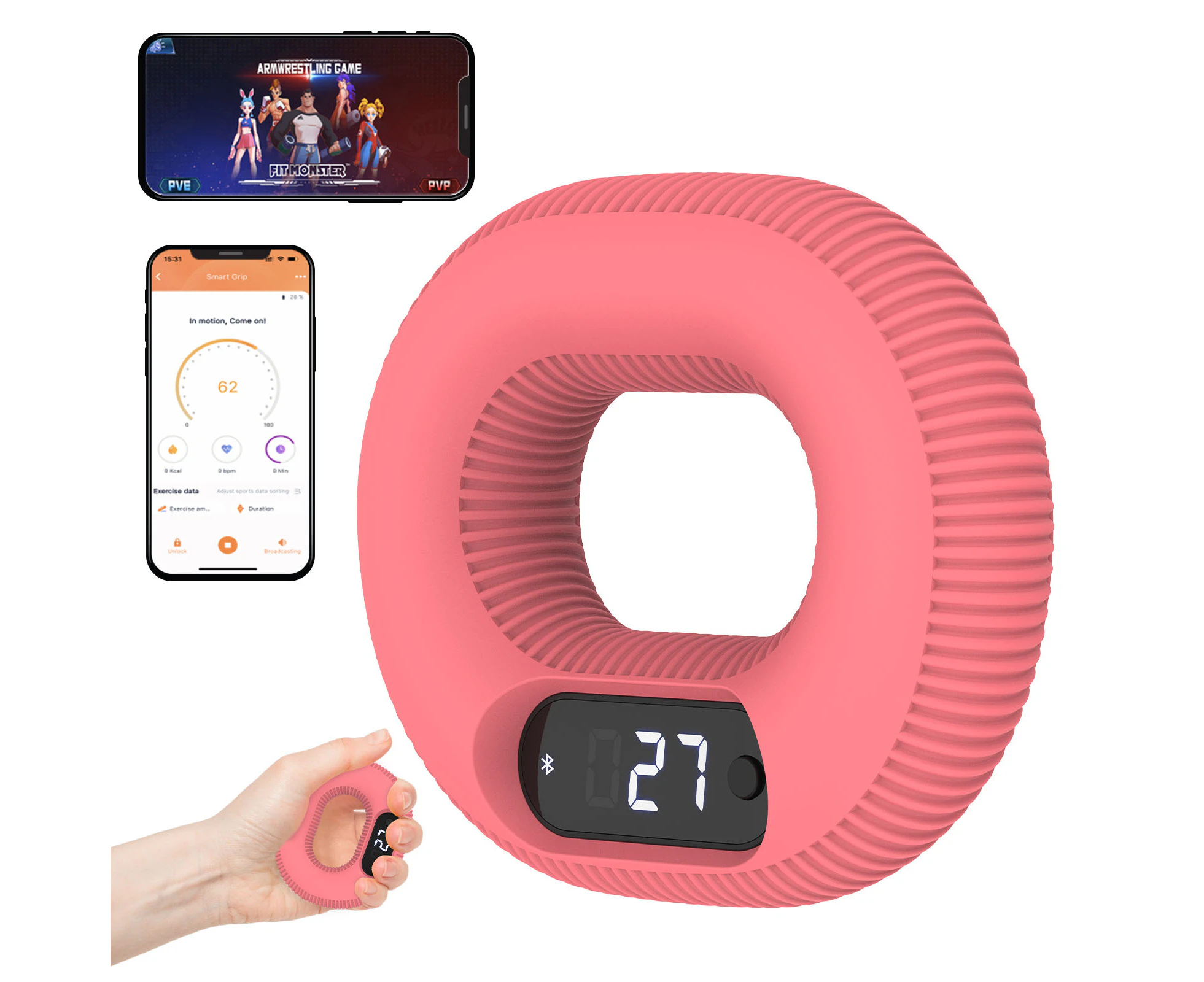 ADVWIN Hand Grip Strength Trainer, Fun Game Hand Grip Strengthener Ring with LED Counting Display, Connect APP, Non-Slip Gripper Pink