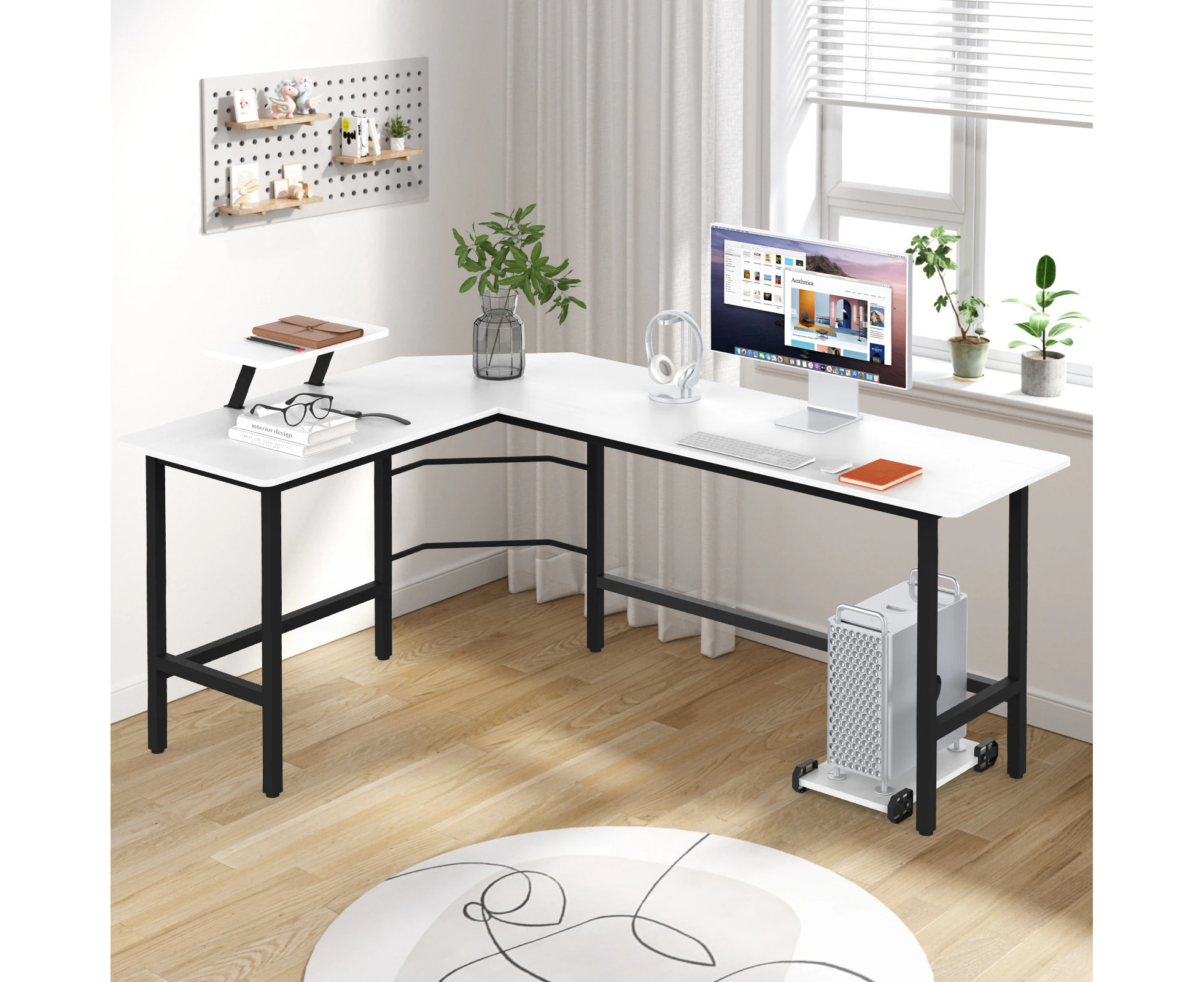 L Shaped Desk Computer Gaming Desk Corner Desk Office Writing Workstation with Monitor Stand White