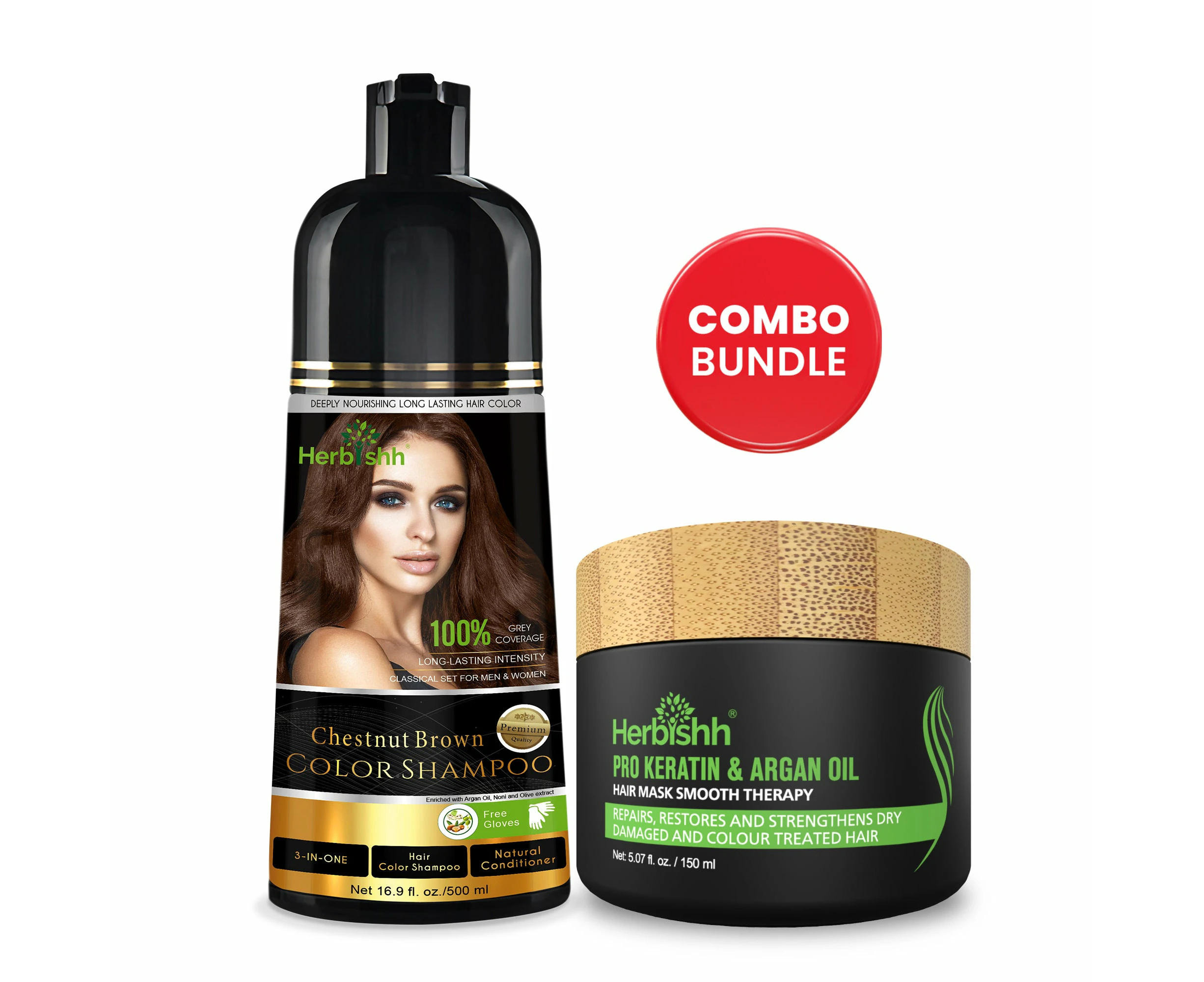 Herbishh Magic Hair Colour Dye Shampoo And Argan Oil Hair Mask Bundle - Chestnut Brown