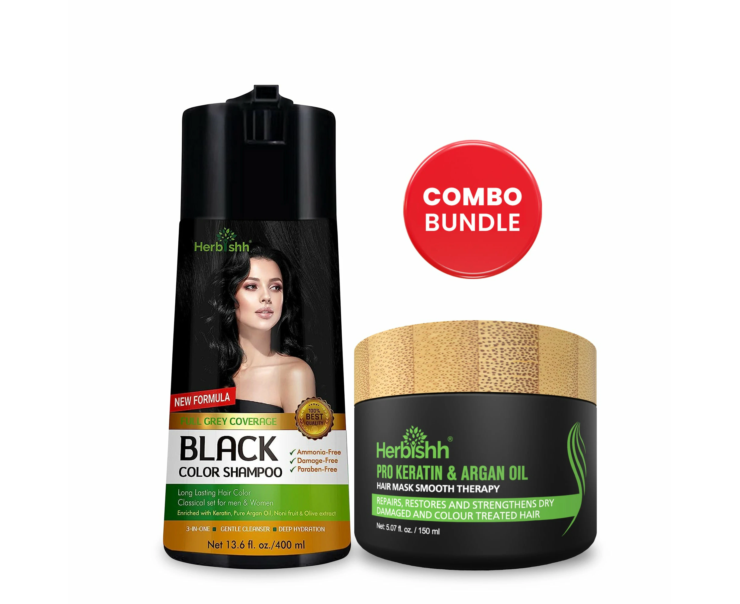 Herbishh Magic PPD Free Hair Colour Dye Shampoo And Argan Oil Hair Mask Bundle - Black