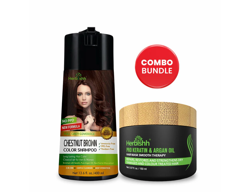 Herbishh Magic PPD Free Hair Colour Dye Shampoo And Argan Oil Hair Mask Bundle - Chestnut Brown