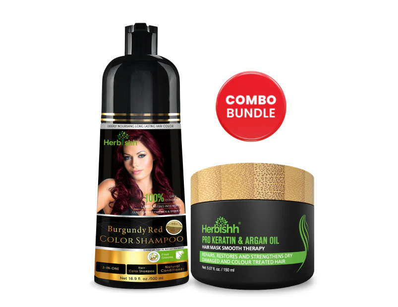 Herbishh Magic Hair Colour Dye Shampoo And Argan Oil Hair Mask Bundle - Burgundy