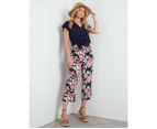ROCKMANS - Womens Pants - Blue Summer Cropped - Slim Leg Casual Fashion Trousers - Floral Navy - High Waist - Pocket Detail - Office Work Clothes - Blue