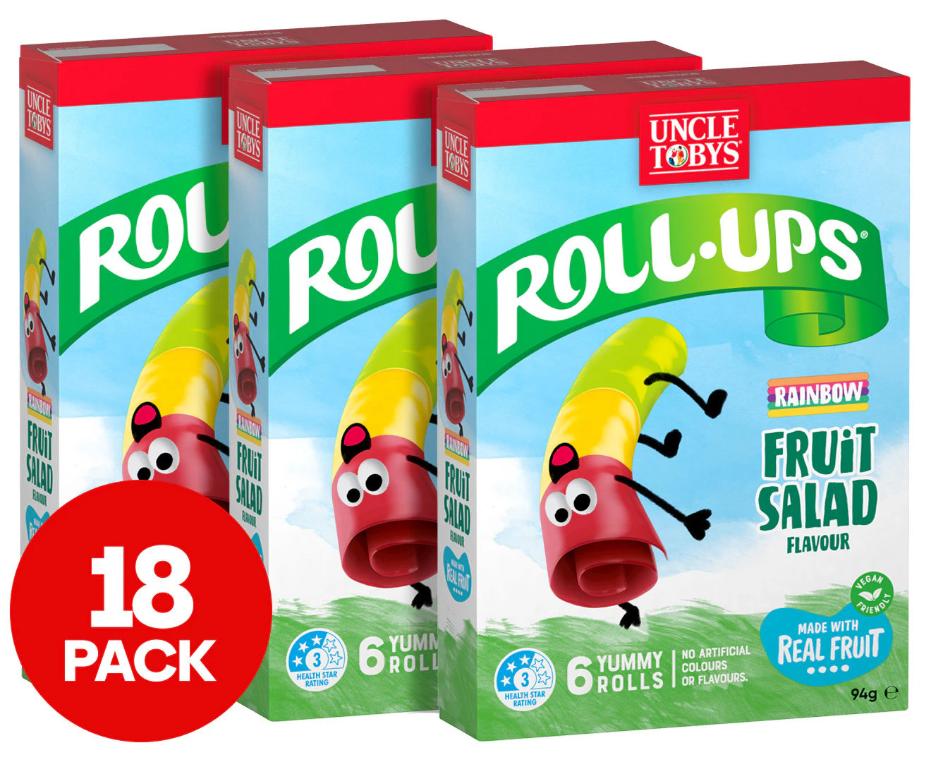 3 x Uncle Tobys Roll-Ups Rainbow Fruit Salad 6pk