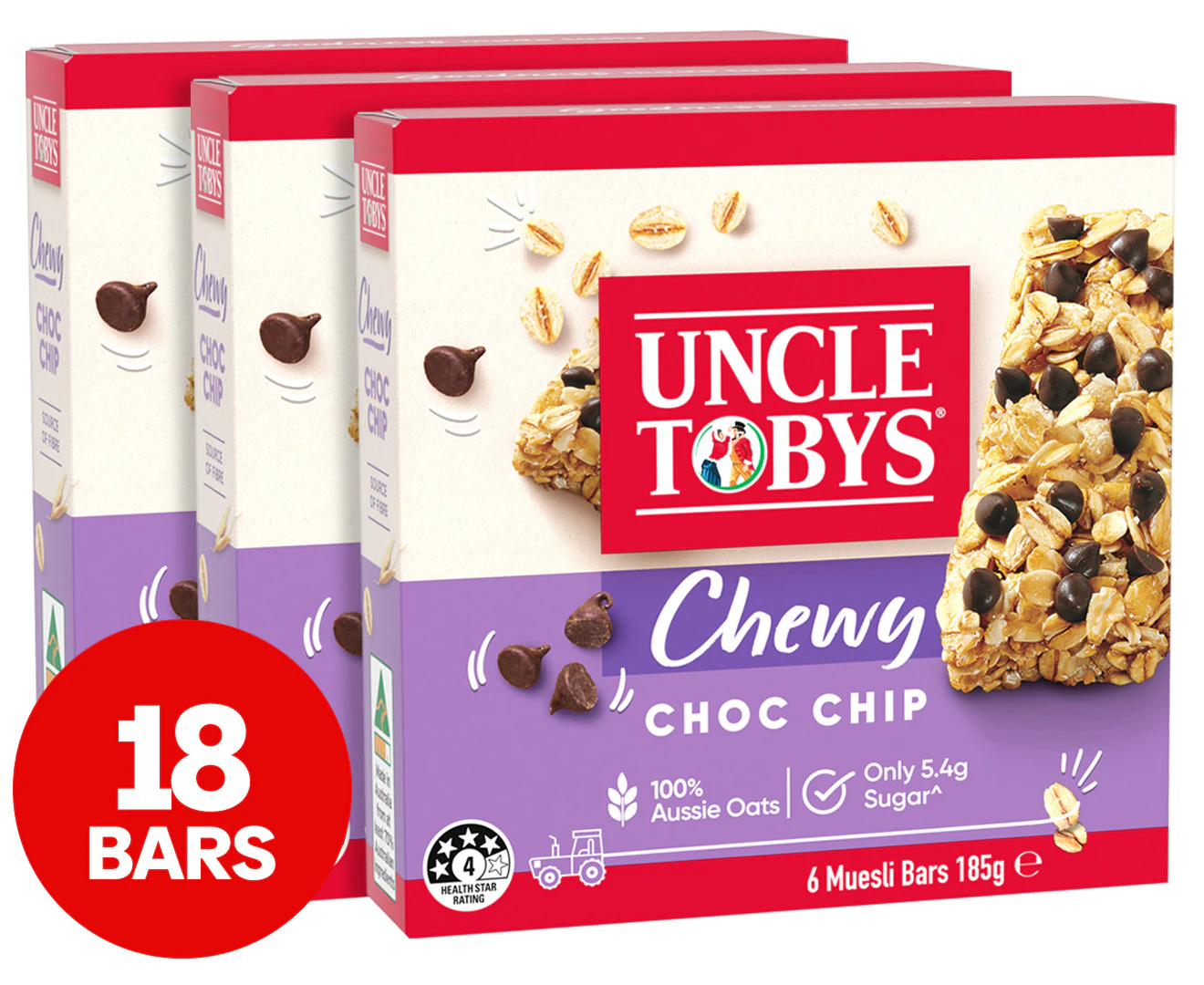 3 x 6pk Uncle Tobys Chewy Muesli Bars Choc Chip 185g