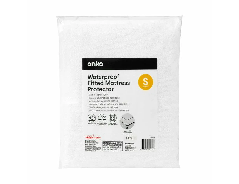 Waterproof Fitted Mattress Protector, Single Bed - Anko - White