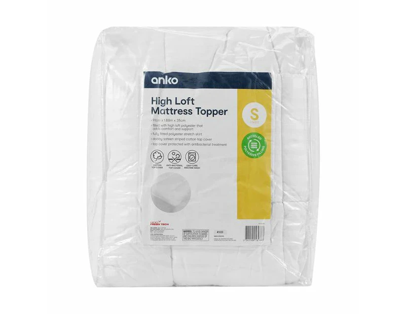 High Loft Mattress Topper, Single Bed, White - Anko