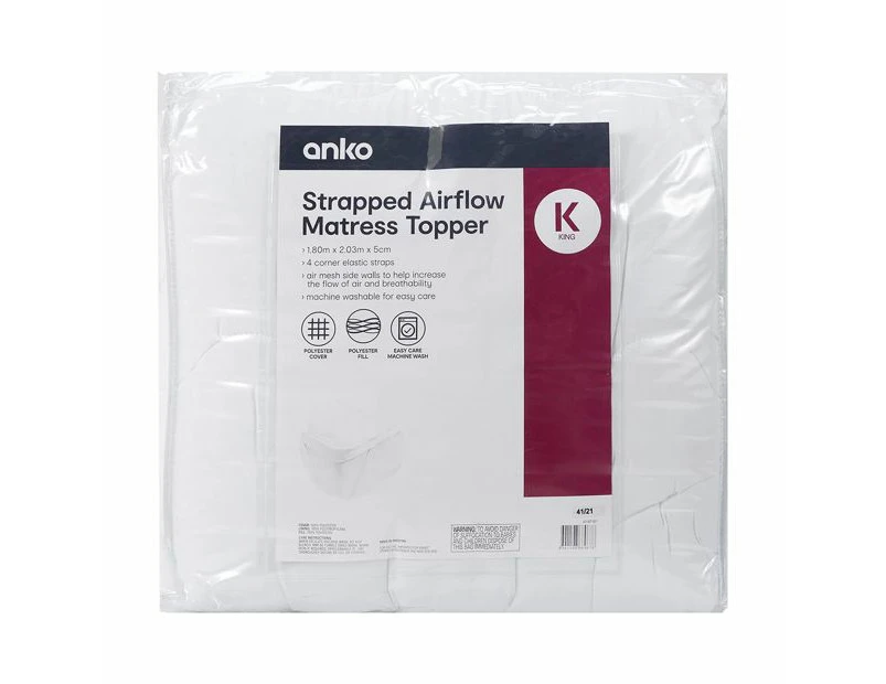 Strapped Airflow Mattress Topper, King Bed - Anko